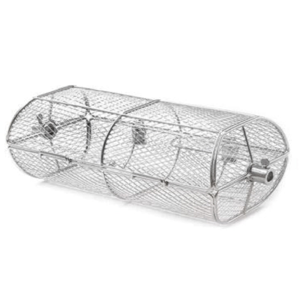 Cylindrical wire rotisserie basket with mesh grilling cage and mounting end