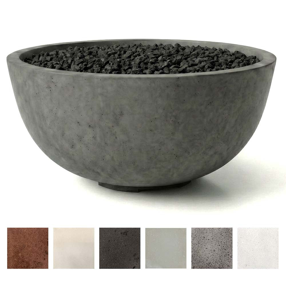 Modern concrete gas fire pit bowl, gray with black lava rocks