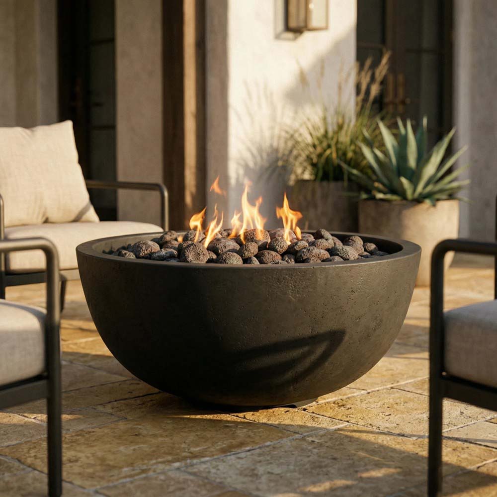 Dark concrete gas fire pit bowl with flames and black lava rocks between chairs