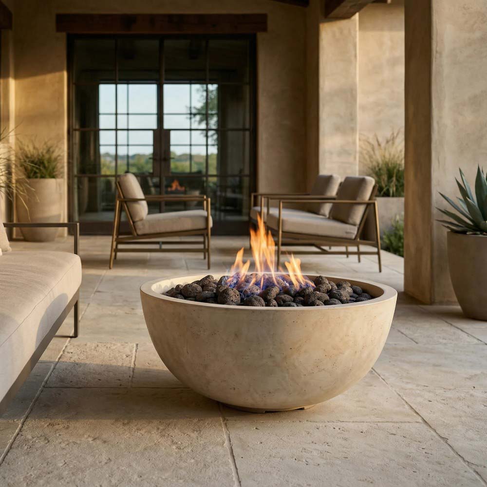 Modern concrete gas fire pit with flames and black lava rocks in outdoor seating area