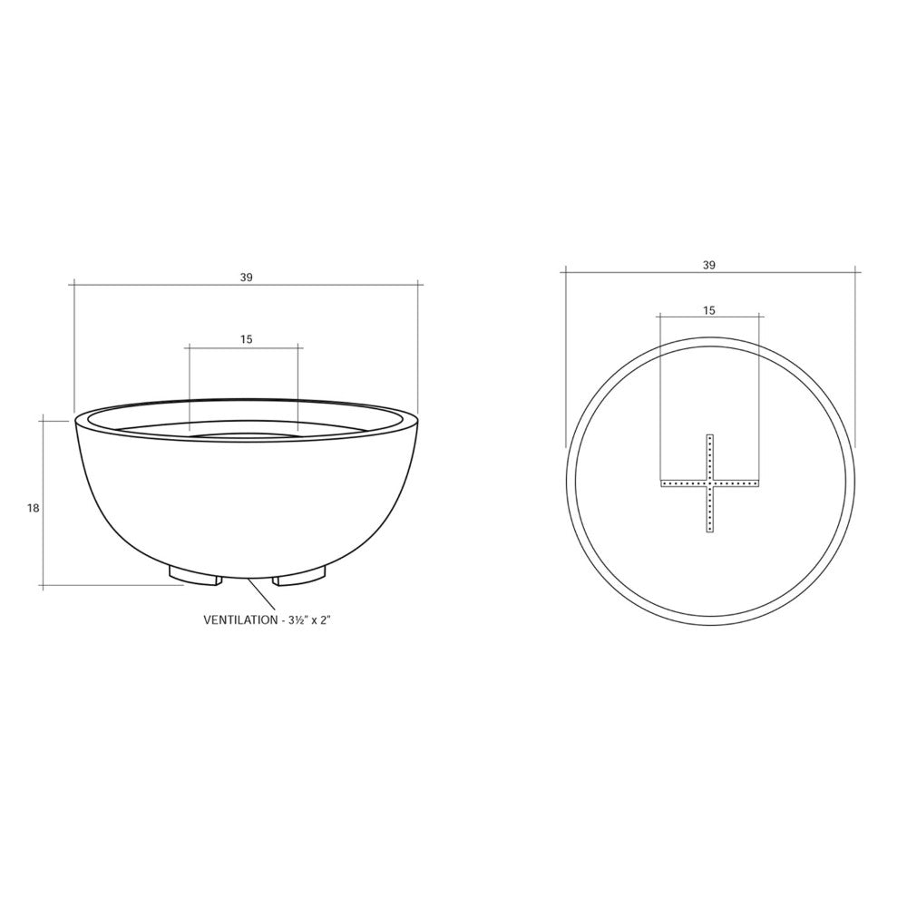 Round gas fire pit diagram with top view, dimensions, and cross-section