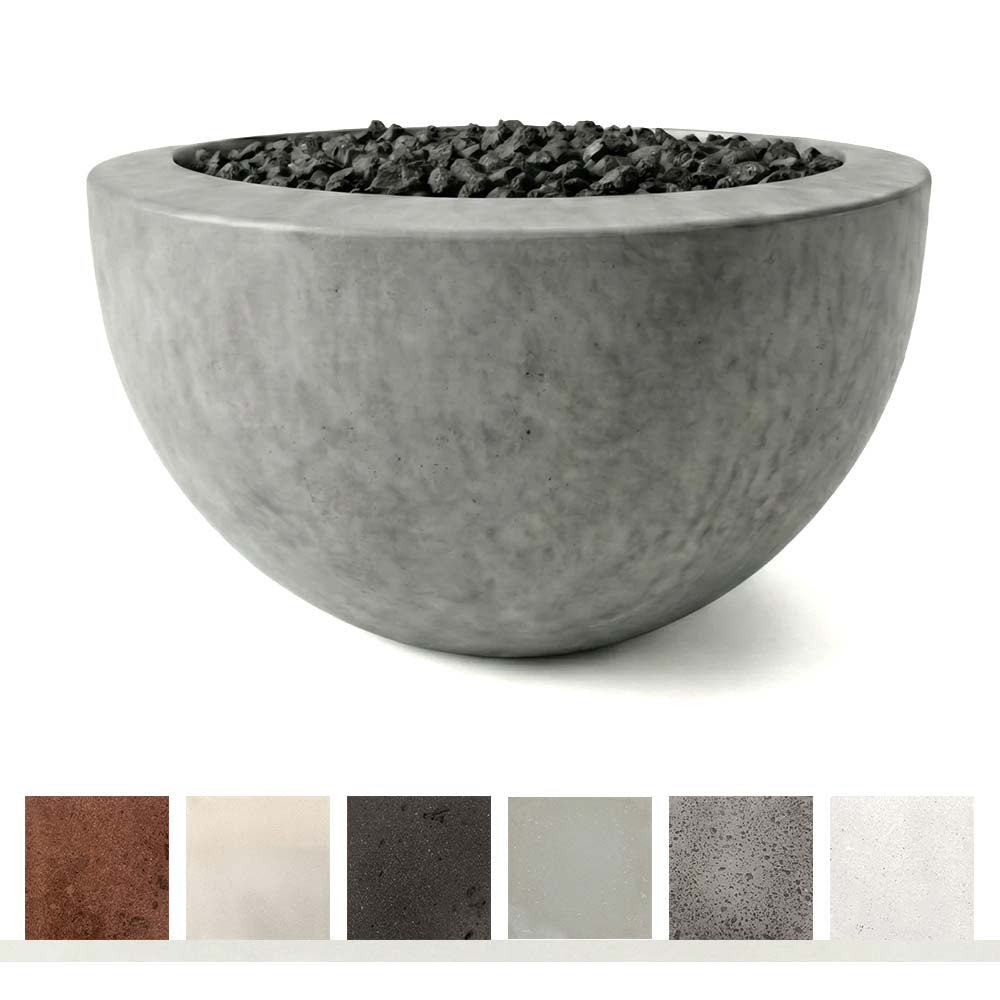 Gray concrete gas fire pit bowl with black fire rocks filling the burner