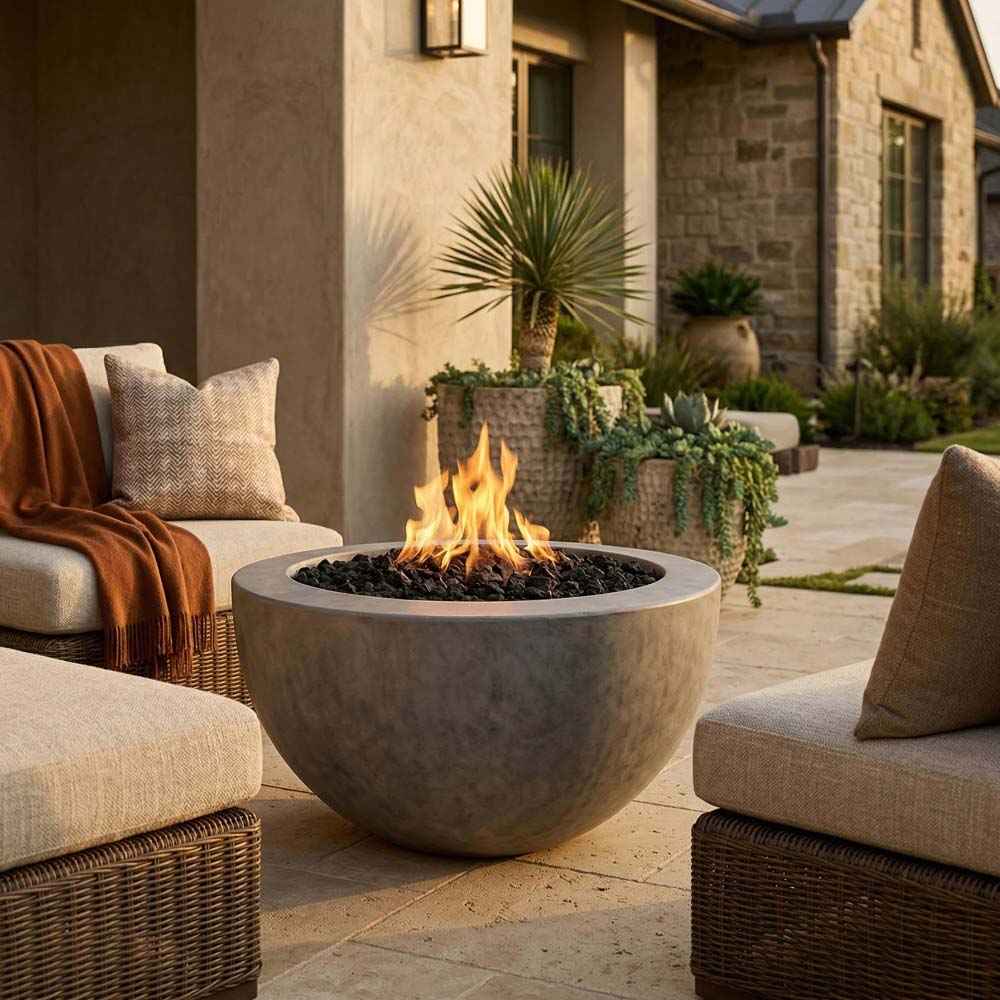 Light gray concrete gas fire pit with flame and black lava rocks in outdoor seating area