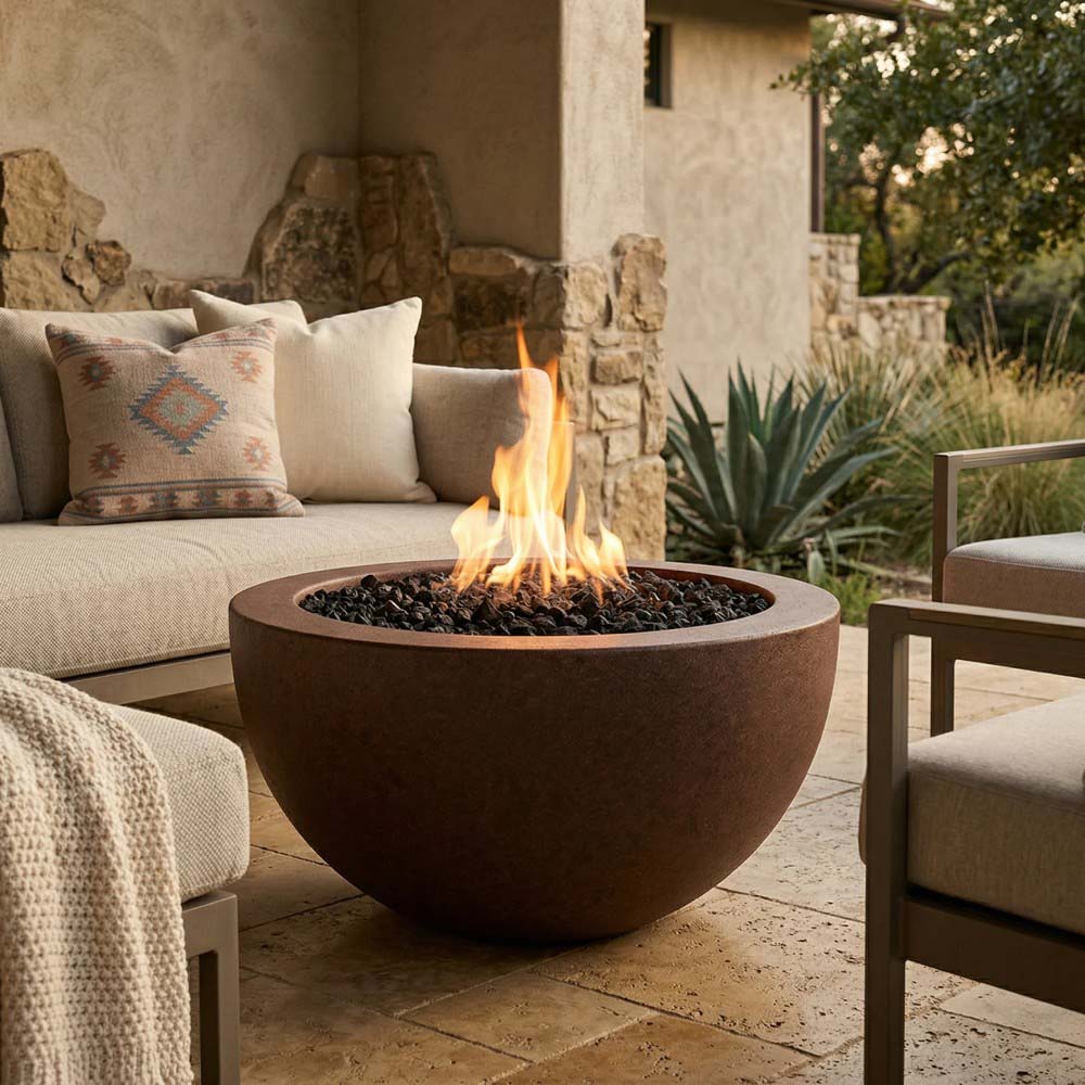 Brown concrete gas fire pit with steady flame and black fire rocks on patio