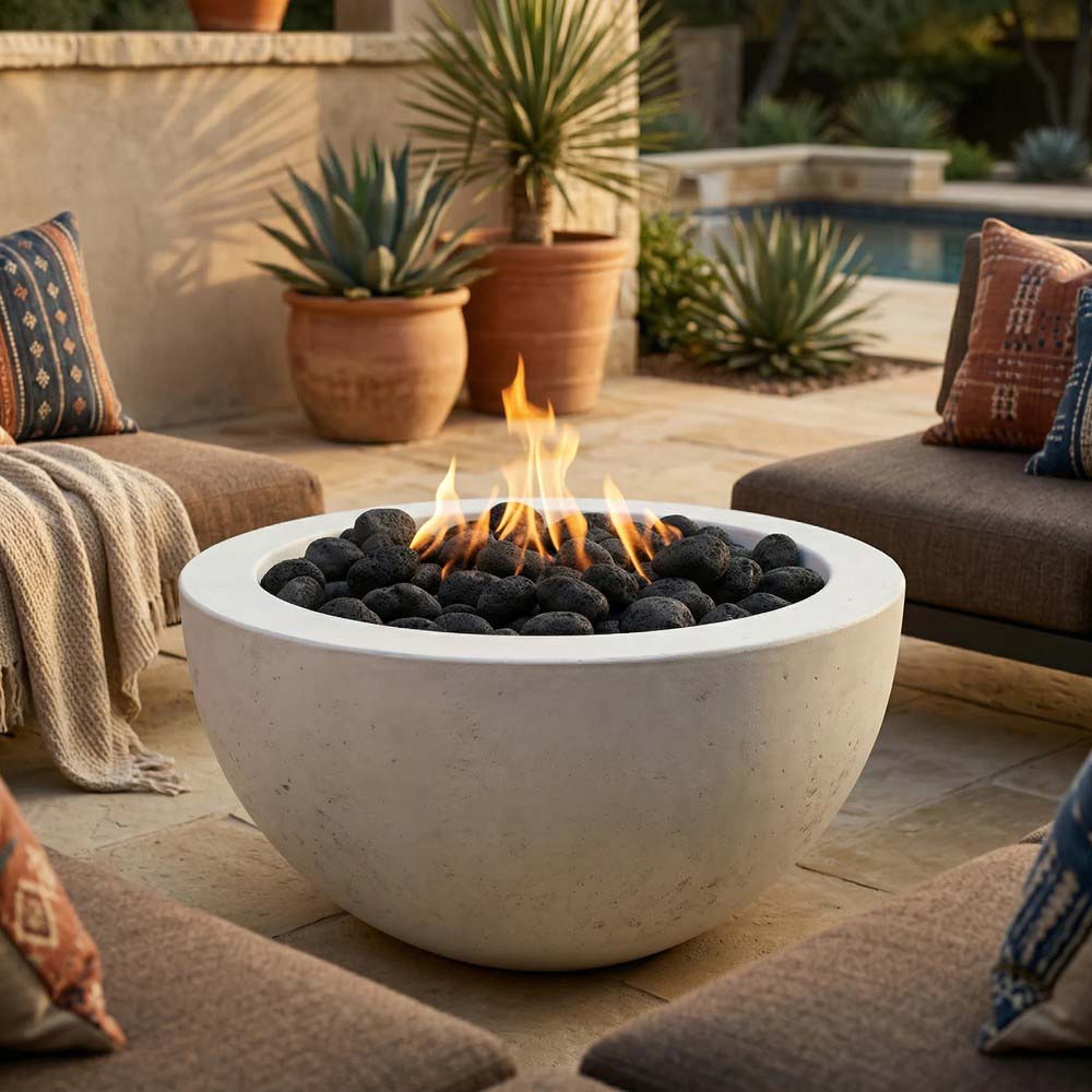 White concrete gas fire pit with visible flame and black lava rocks in bowl