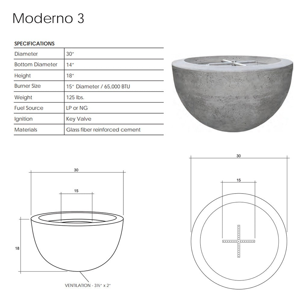Gas fire pit technical diagram showing Moderno 3 dimensions and vent layout