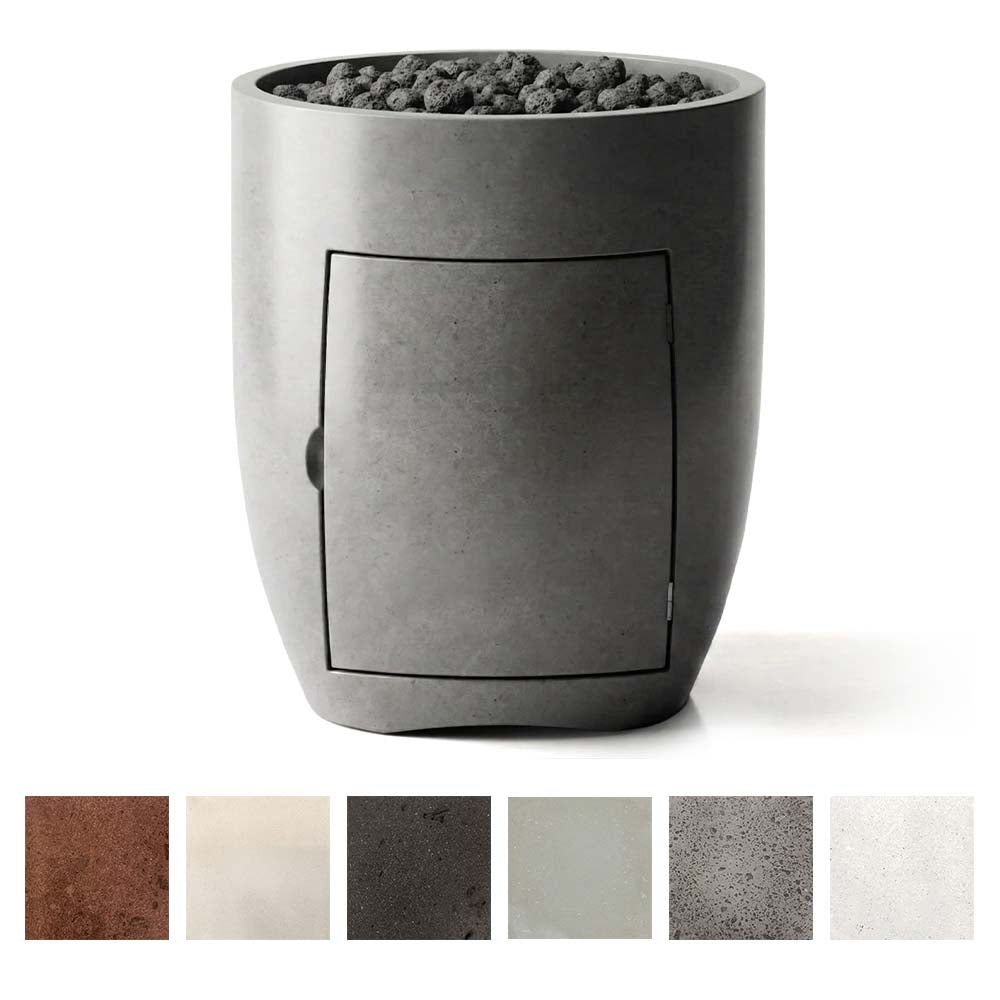 Concrete propane gas fire pit with rectangular view panel and lava rock burner