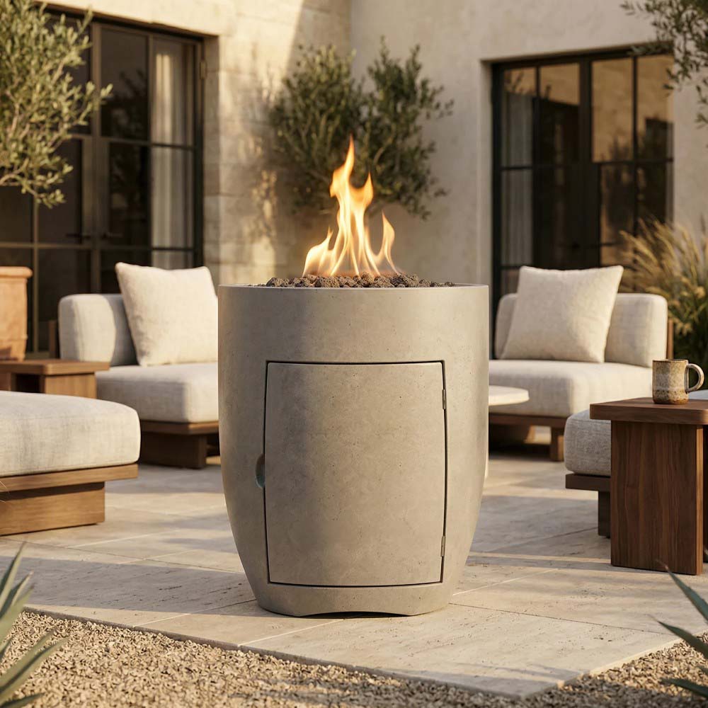 Concrete propane gas fire pit with tall flame and rectangular front panel