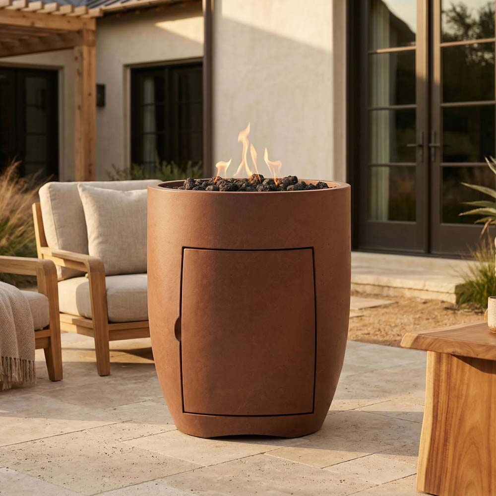 Cafe brown concrete propane gas fire pit with flame and rectangular front panel