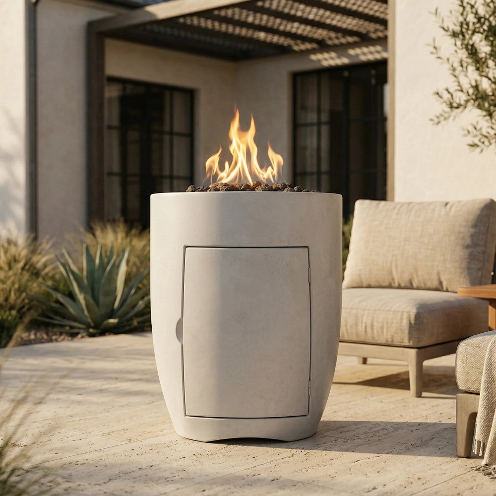 White concrete propane gas fire pit with flame and rectangular front panel