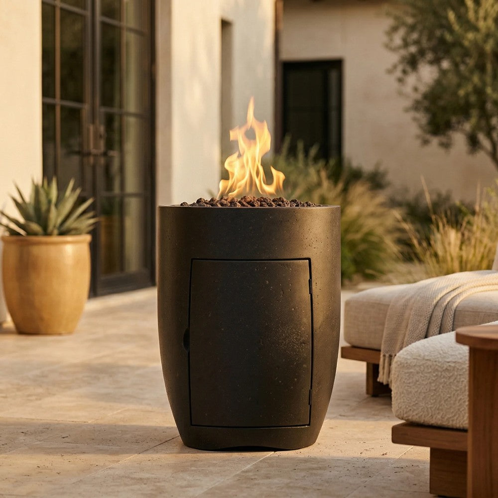 Concrete propane gas fire pit with active flame and rectangular front panel