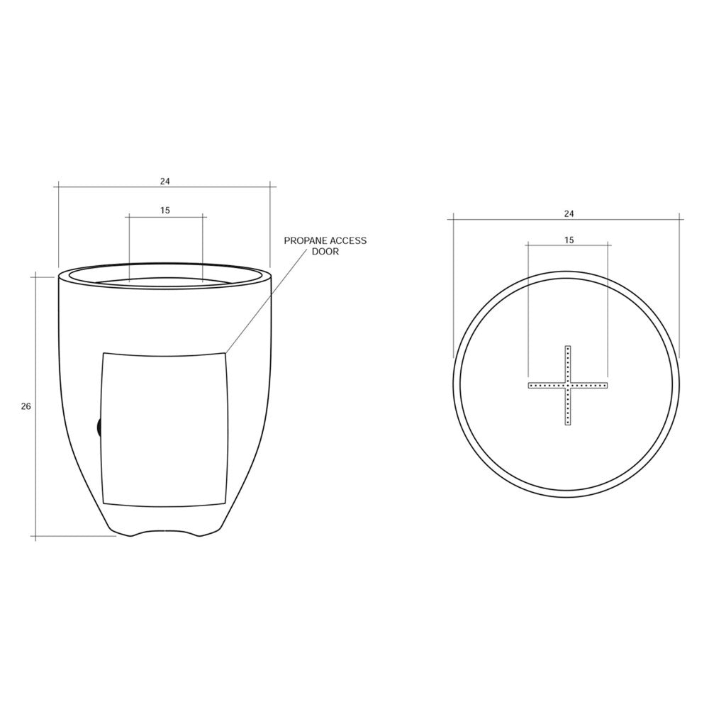 Propane gas fire pit dimensions and propane access door cross-section diagram