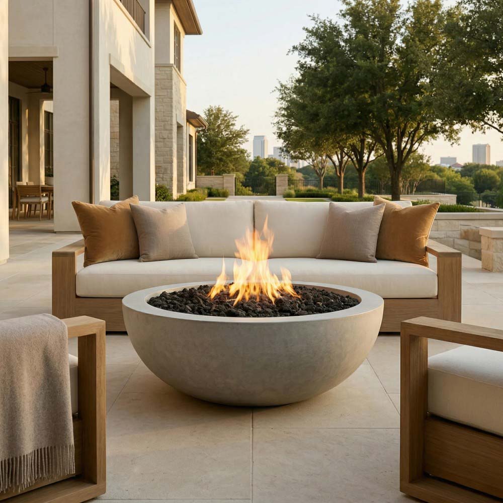 Round concrete gas fire pit with flame and black lava rocks