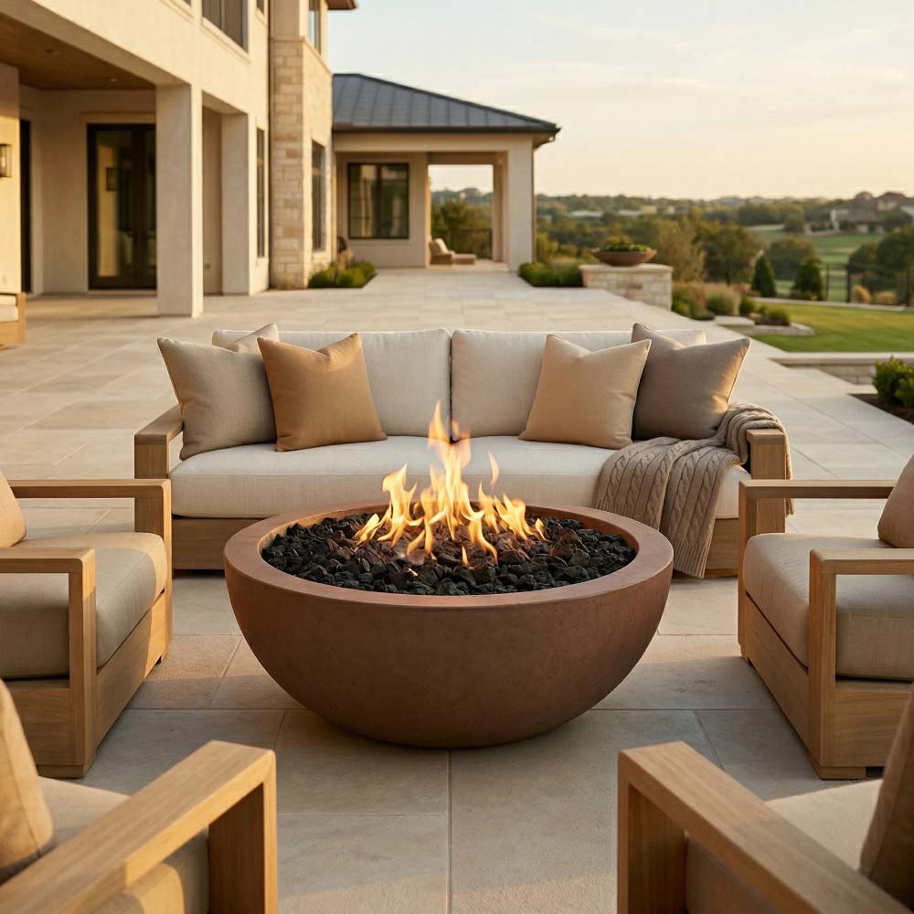 Round concrete gas fire pit with flame and black lava rocks