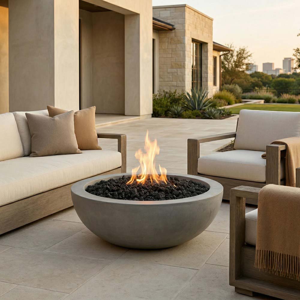 Round concrete gas fire pit with flame and black lava rocks