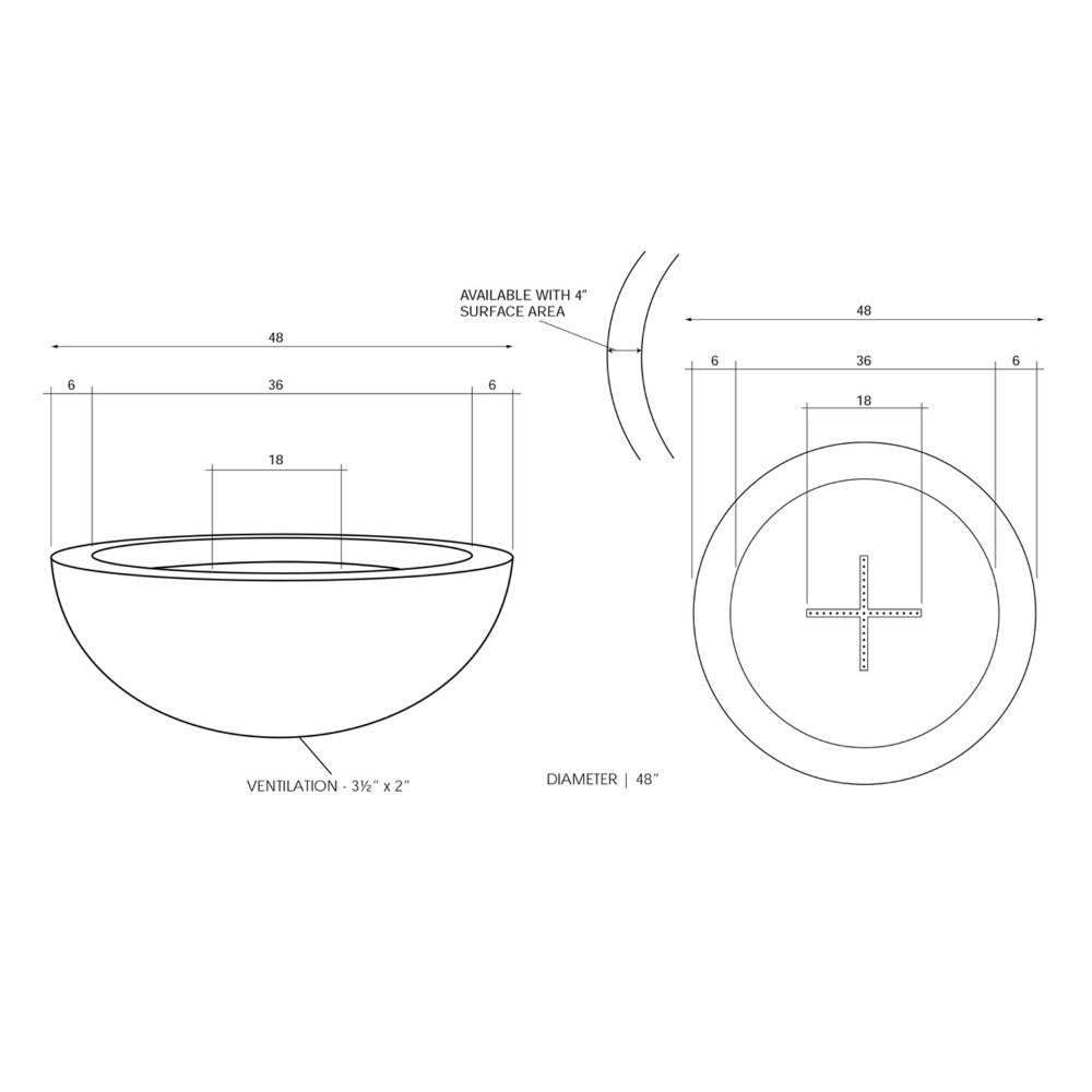 Round gas fire pit dimensions diagram with top view and cross-section