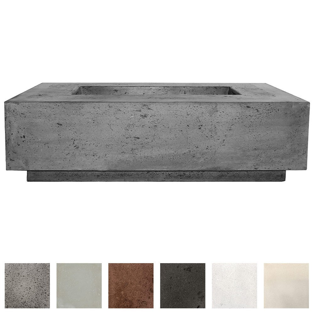 Rectangular concrete gas fire pit with square corners and open burner tray