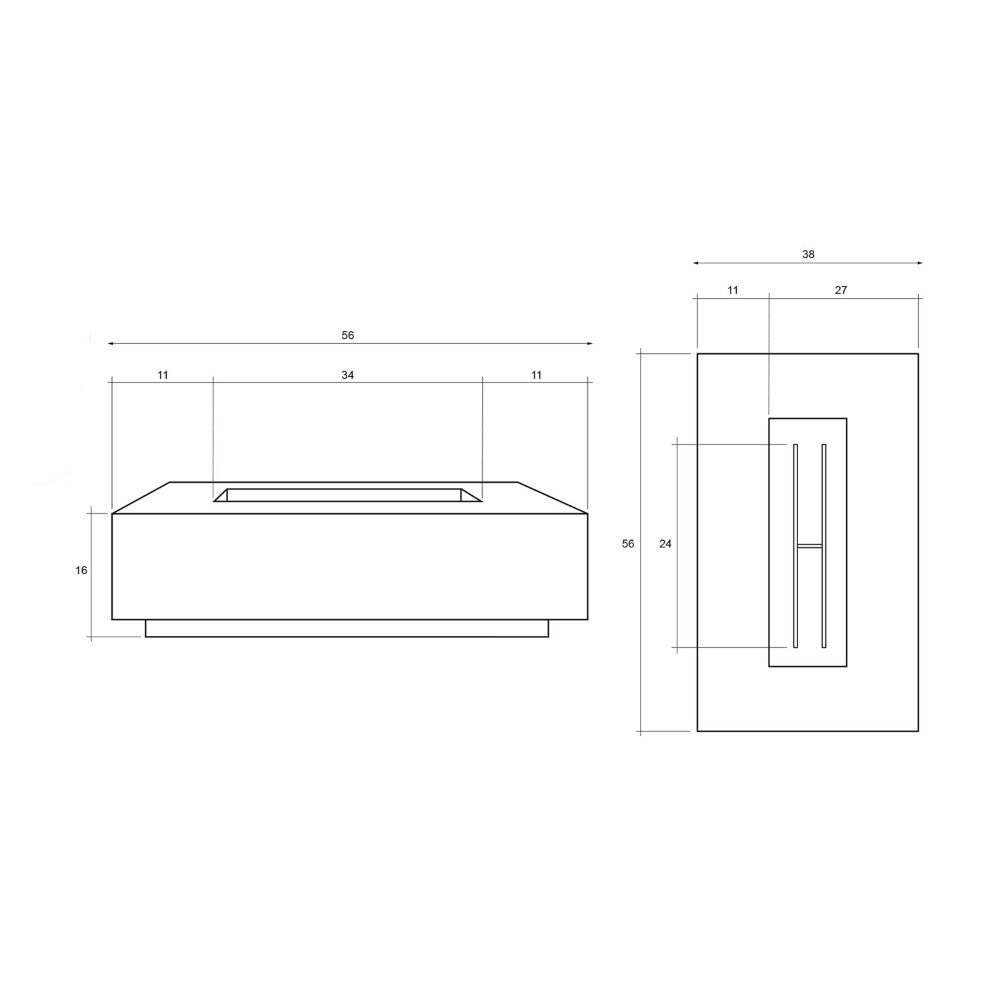 Line drawing of rectangular concrete gas fire pit showing dimensions and control panel view