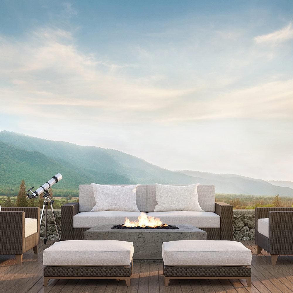 Rectangular concrete gas fire pit with visible flames, gray burner tray