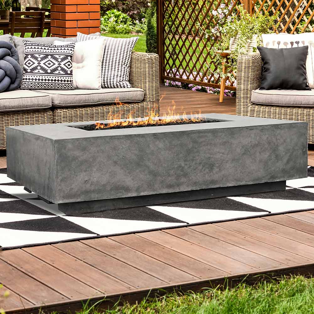 Rectangular concrete gas fire pit with open top and recessed burner tray, gray
