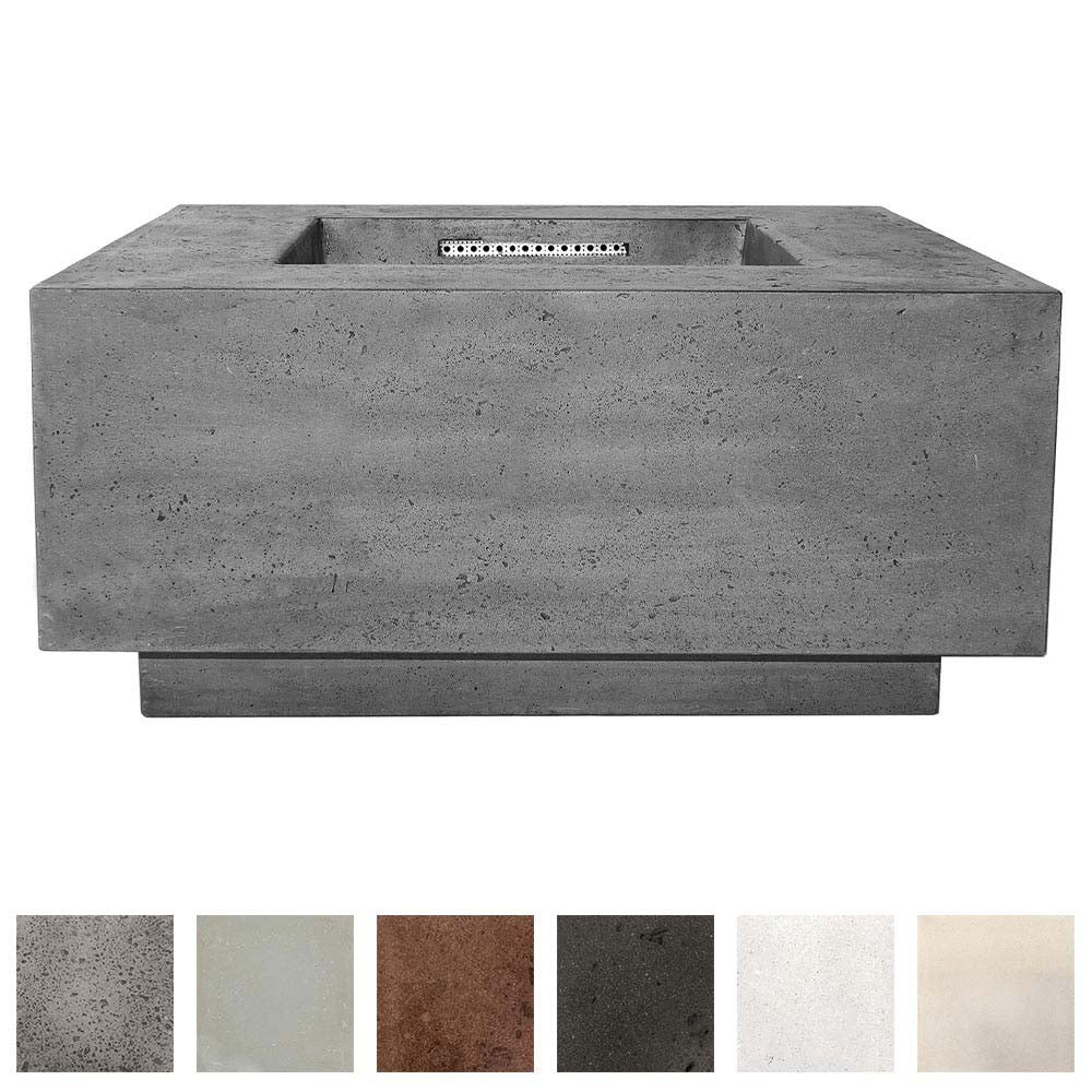 Gray concrete gas fire pit with square burner opening and black interior tray.