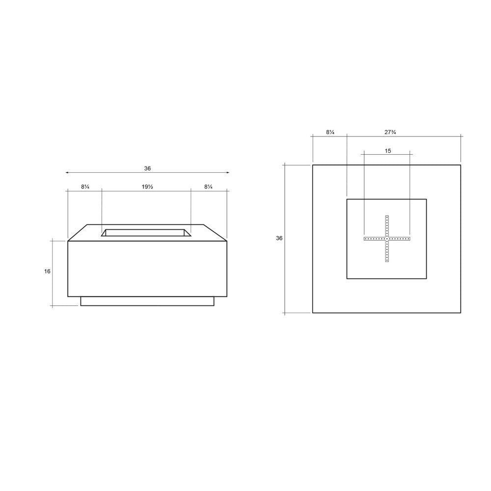 Technical dimension diagram of a square concrete gas fire pit.