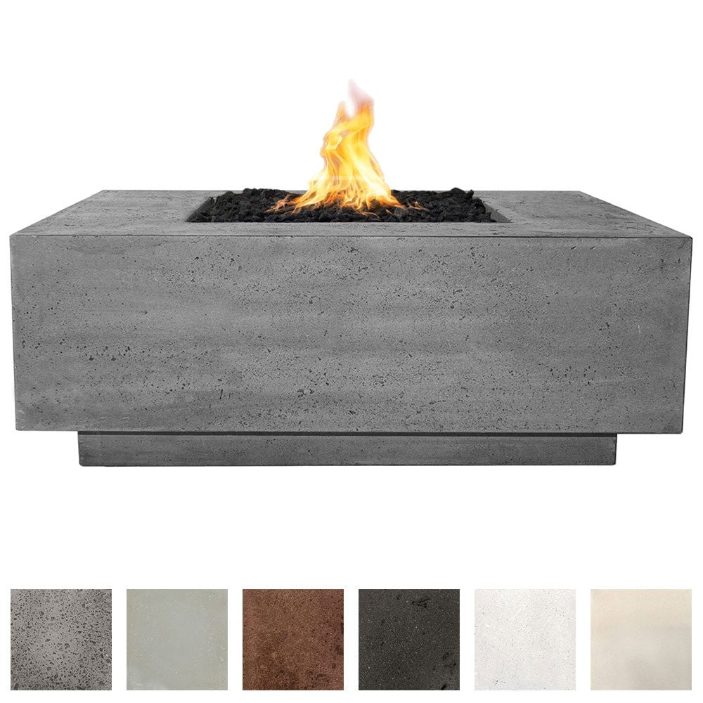 Rectangular concrete gas fire pit with flame over black lava rocks