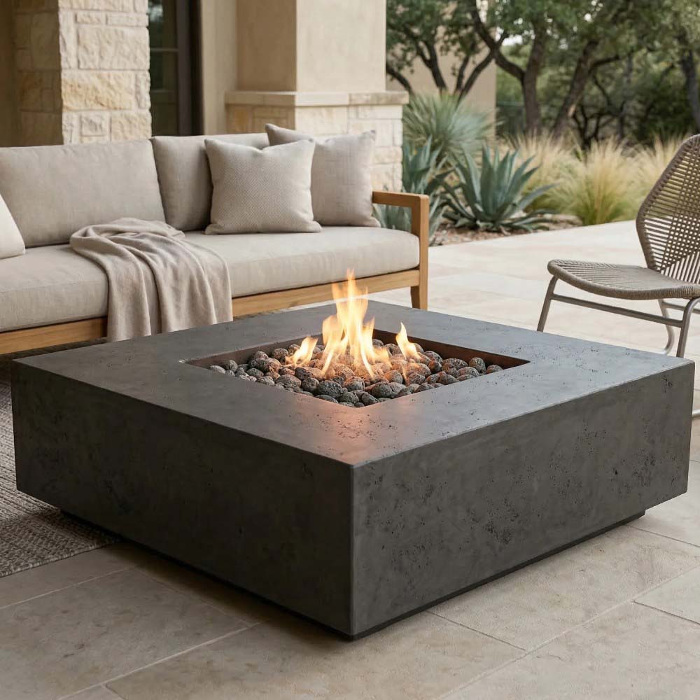 Square concrete gas fire pit with flames and dark lava rocks, ebony finish