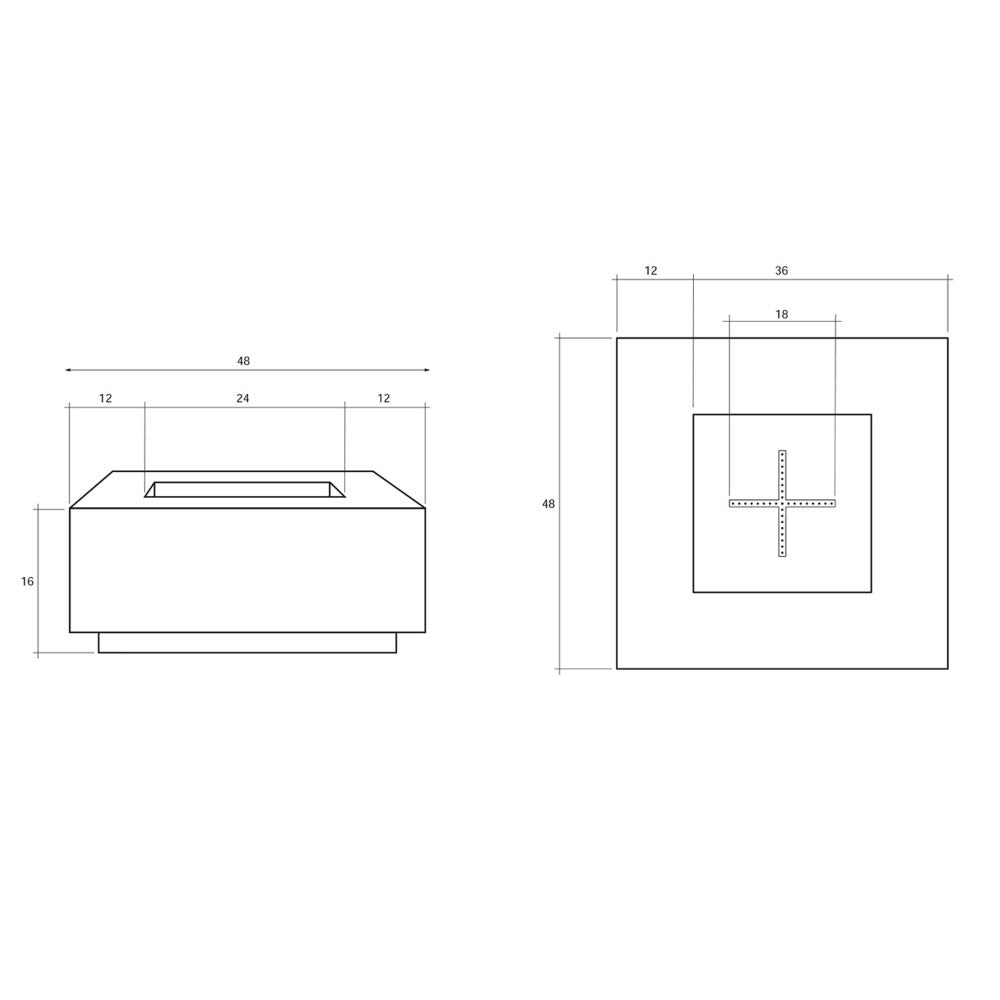 Concrete gas fire pit technical drawing with top and side dimensions