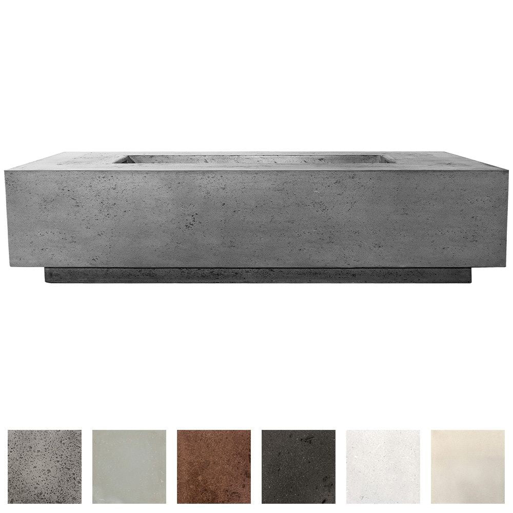 Light concrete rectangular gas fire pit with burner opening; finish swatches