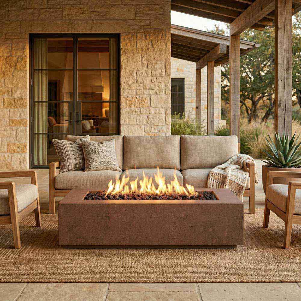 Rectangular concrete gas fire pit with flames beside outdoor sofa set