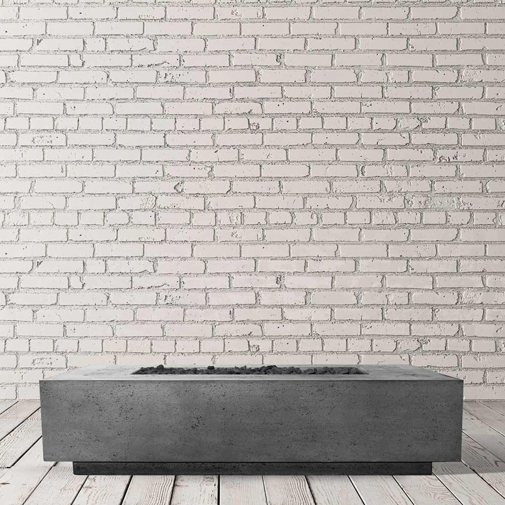 Concrete gas fire pit table with rectangular open burner, gray textured finish