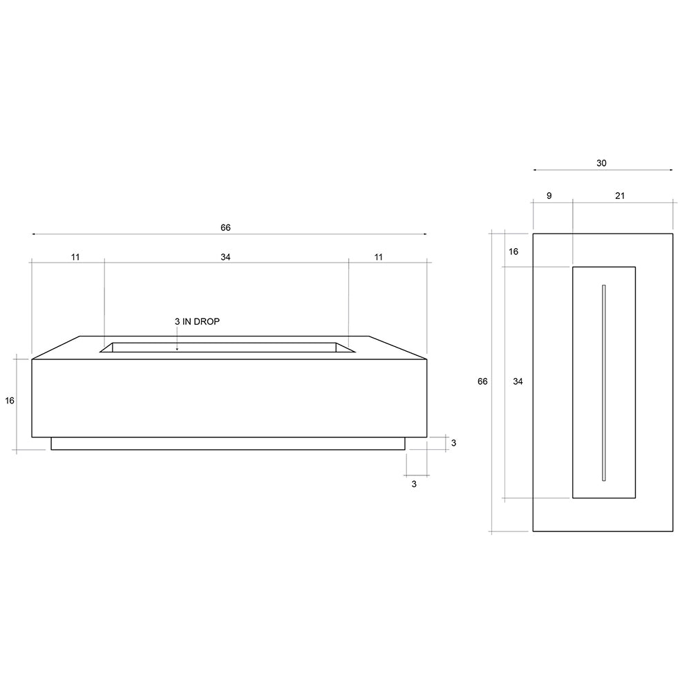 Technical drawing of slim rectangular concrete gas fire pit with dimensions