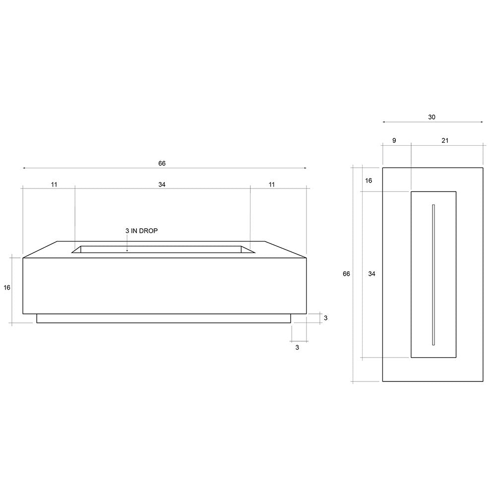 Slim rectangular gas fire pit dimension diagram, 66 in x 30 in