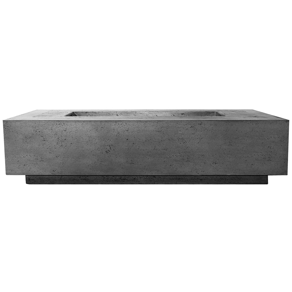 Concrete gas fire pit table with rectangular burner, light gray textured finish