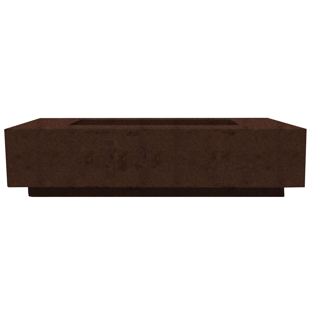 Concrete gas fire pit table with rectangular burner, brown textured finish