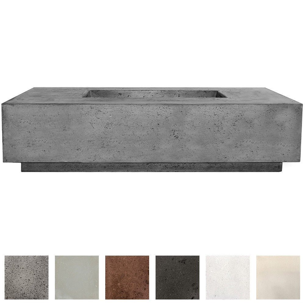 Gray concrete gas fire pit body with recessed burner opening