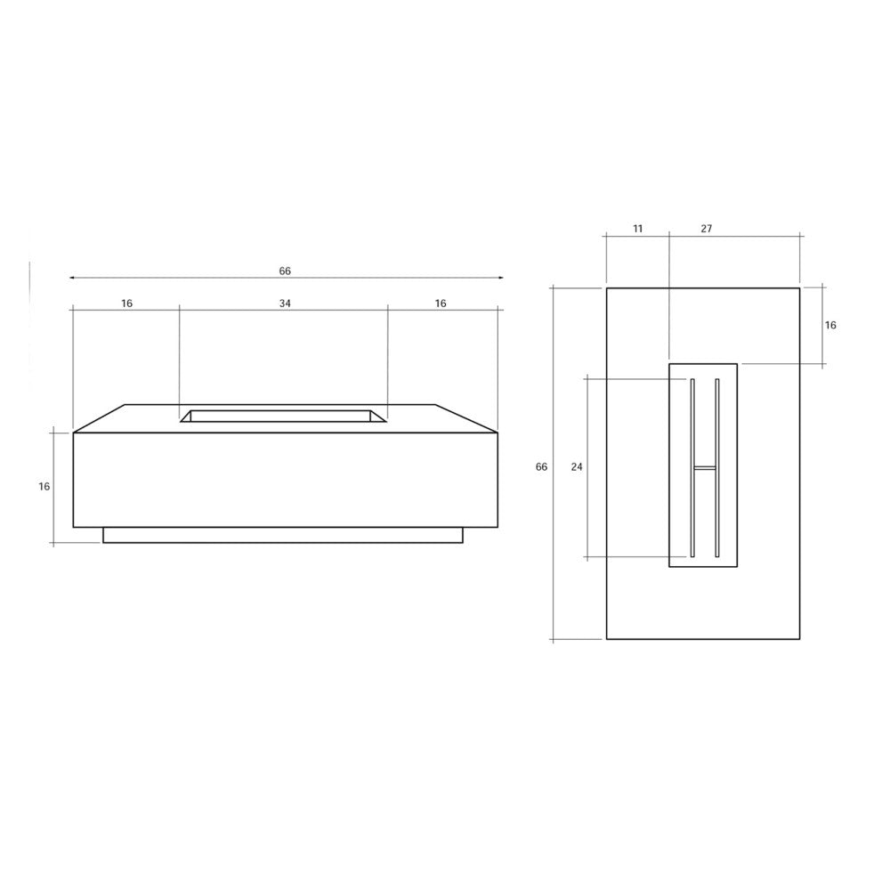 Concrete gas fire pit technical line drawing with front and side dimensions