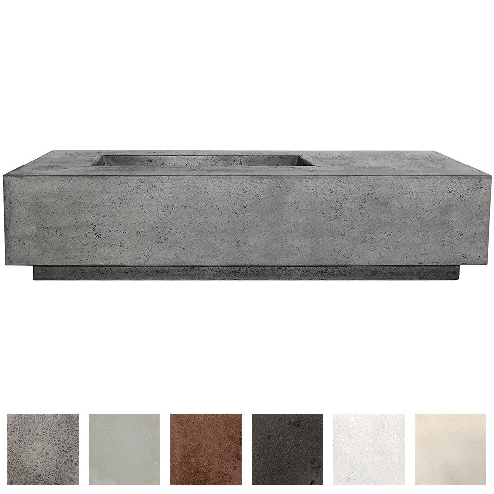 Concrete gas fire pit in pewter finish with open top burner tray