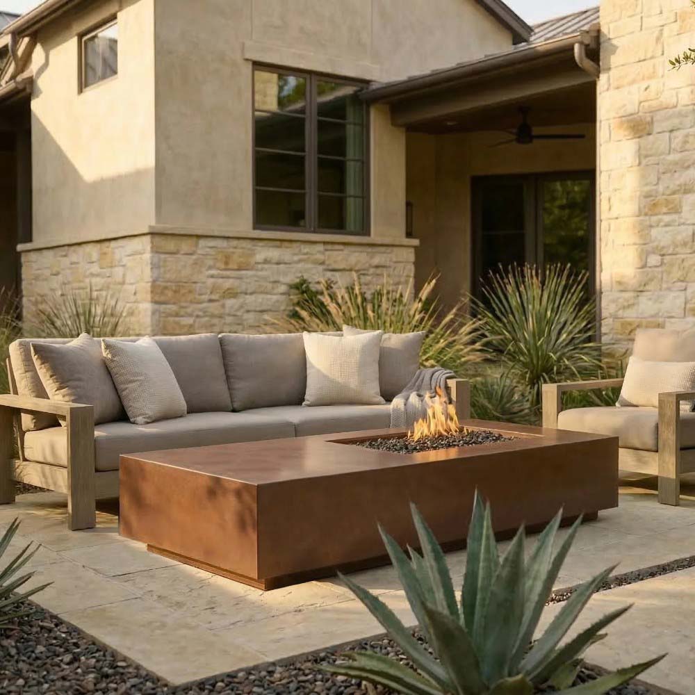 Concrete gas fire pit with square burner insert, showing open flame in cafe-style finish