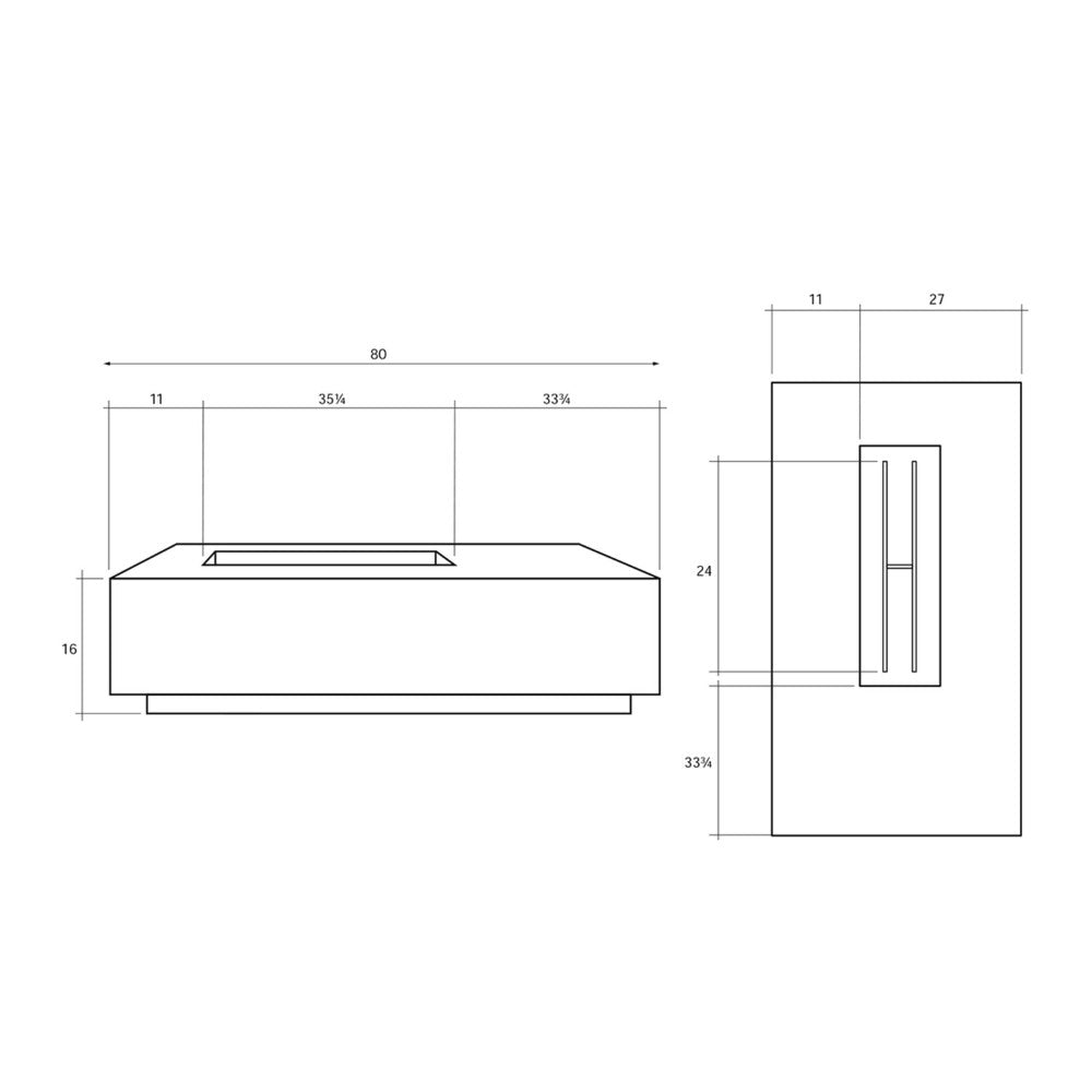 Technical line drawing of square concrete gas fire pit with dimensions