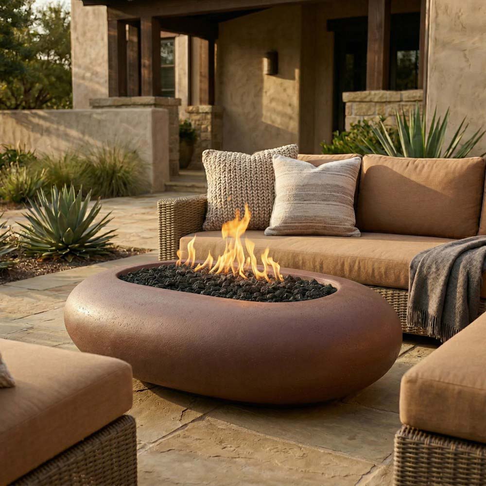 Pebble concrete gas fire pit with flame, rounded bowl on patio near outdoor seating