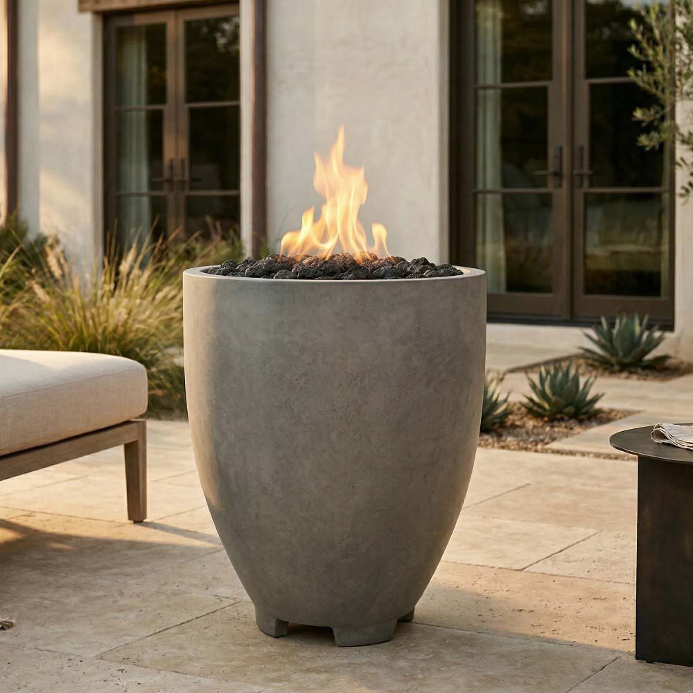 Gray concrete gas fire pit with flame rising from burner bowl on legs