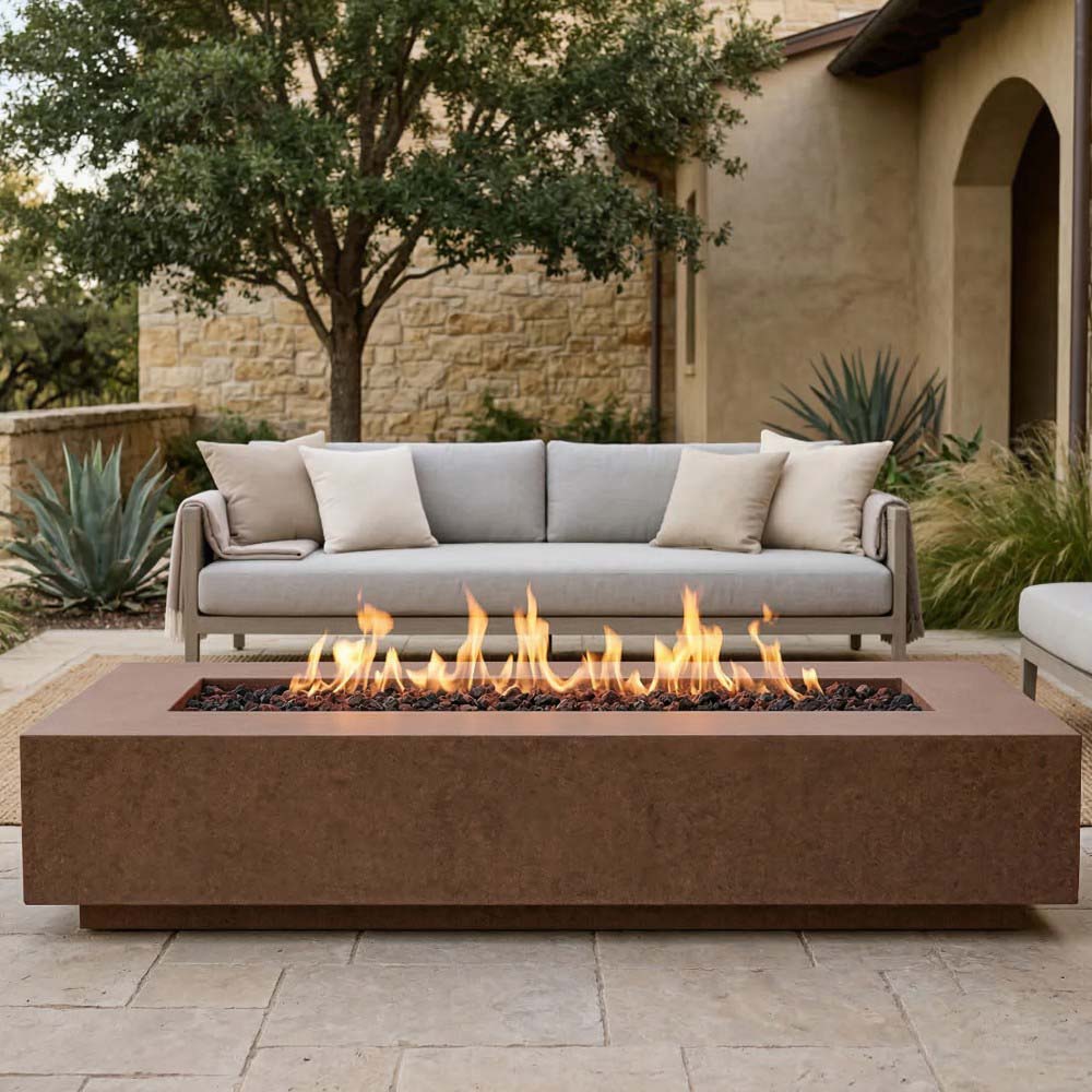 Square-profile concrete gas fire pit in brown tone with flames over black fire media