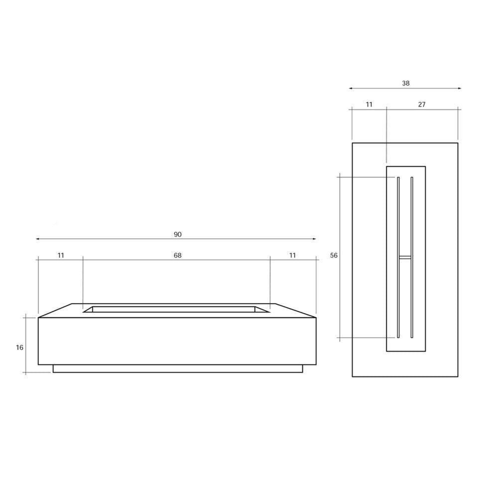 Concrete gas fire pit technical line drawing with overall dimensions