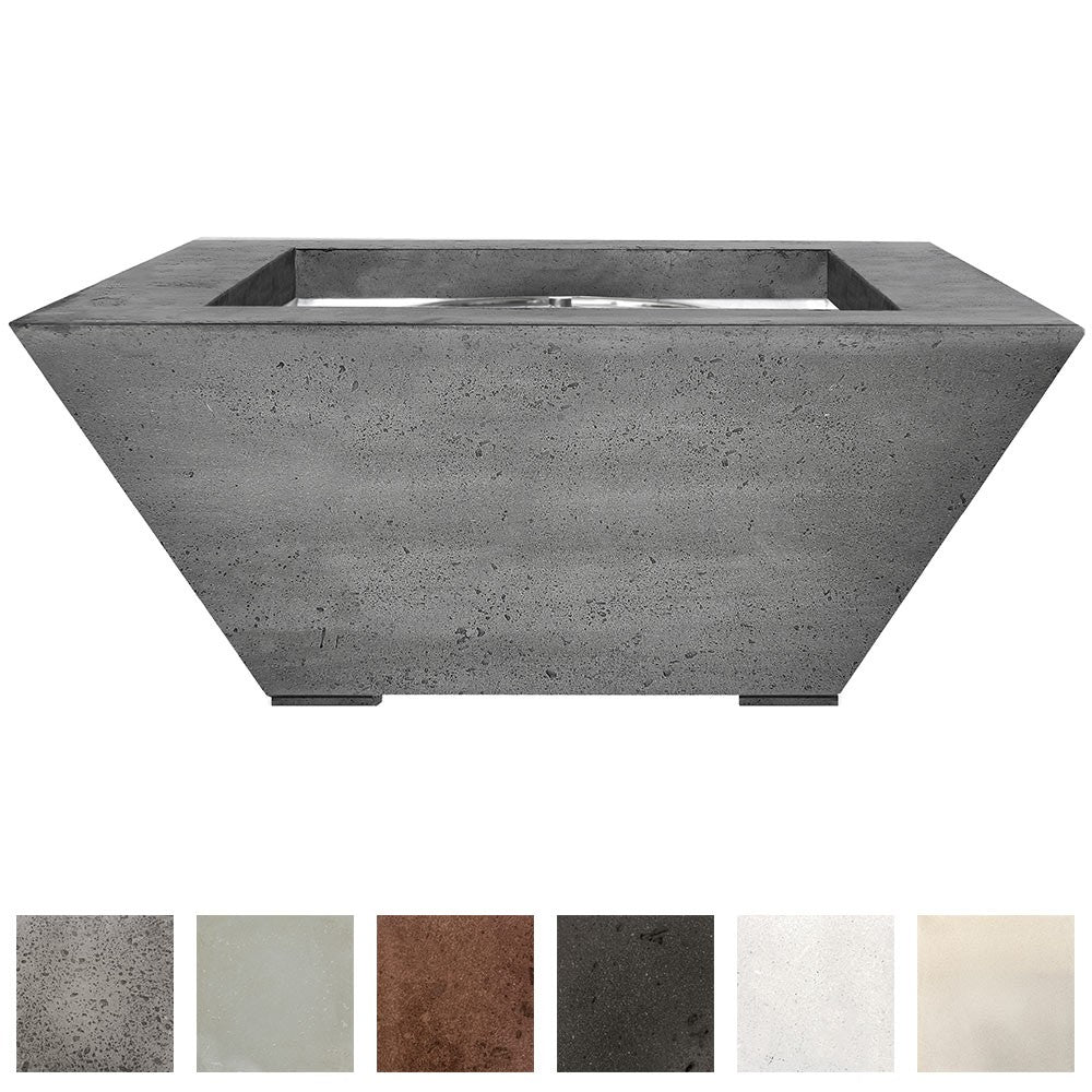 Gray square concrete gas fire pit with recessed burner pan and open top