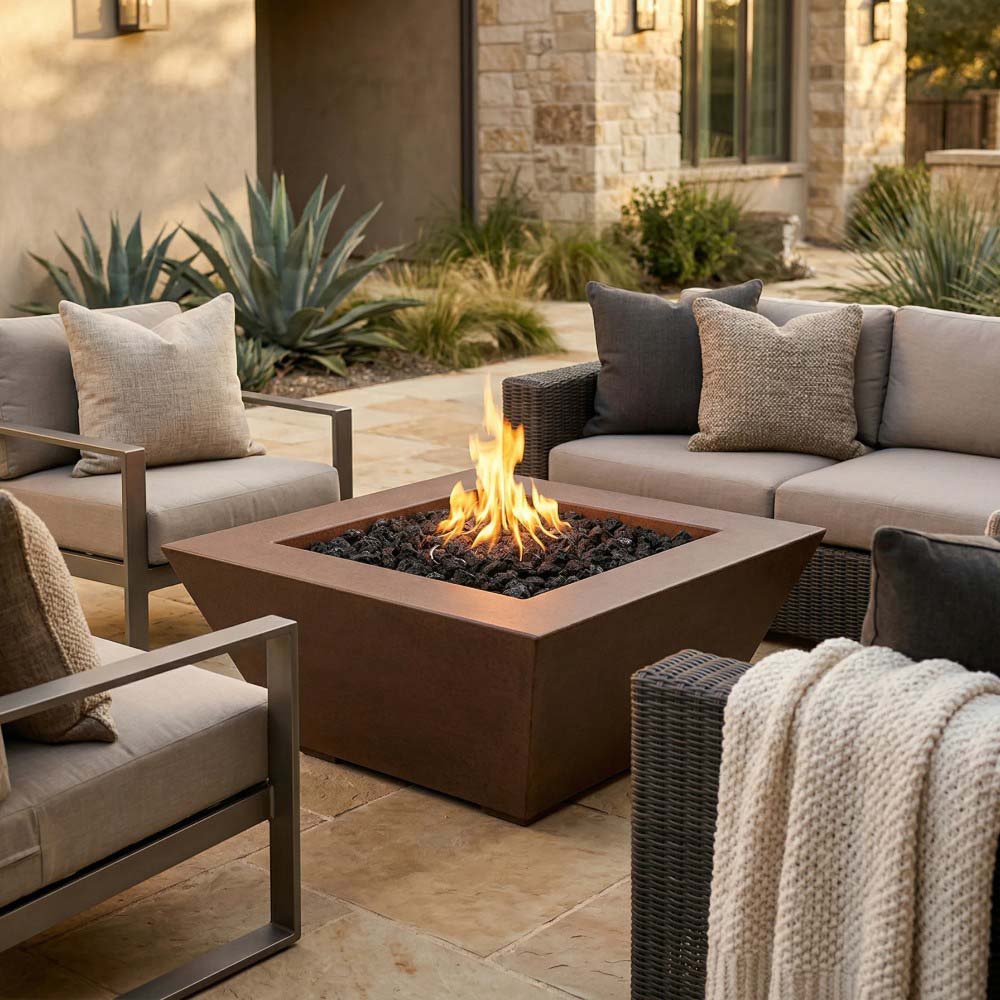 Brown square concrete gas fire pit with flames and black lava rock burner bed