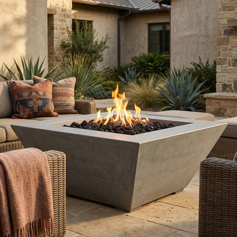 Light tan square concrete gas fire pit with flames and black lava rock bed