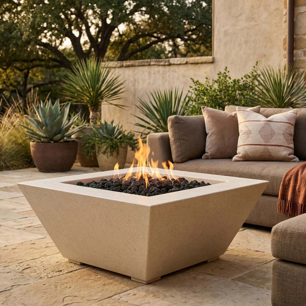 Beige square concrete gas fire pit with flames, black lava rocks, and burner opening