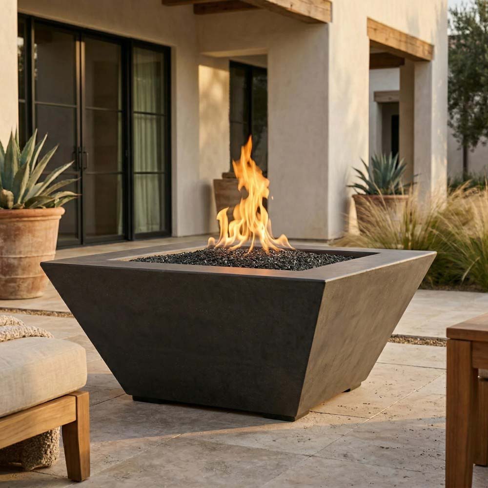 Dark gray square concrete gas fire pit with flames and burner opening